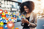 City, social media icon or black woman with phone for communication, texting or online chat website. Overlay, smile or happy girl typing on mobile app or digital networking with like or heart emoji 