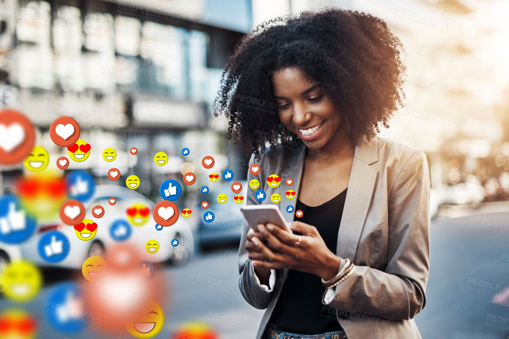 Buy stock photo City, social media icon or black woman with phone for communication, texting or online chat website. Overlay, smile or happy girl typing on mobile app or digital networking with like or heart emoji 