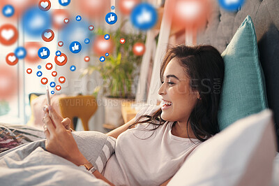 Buy stock photo Bed, social media icons or happy woman with phone for communication, text or online dating at home. Morning, memes or relaxed woman on mobile app, chat website or digital network with heart emojis