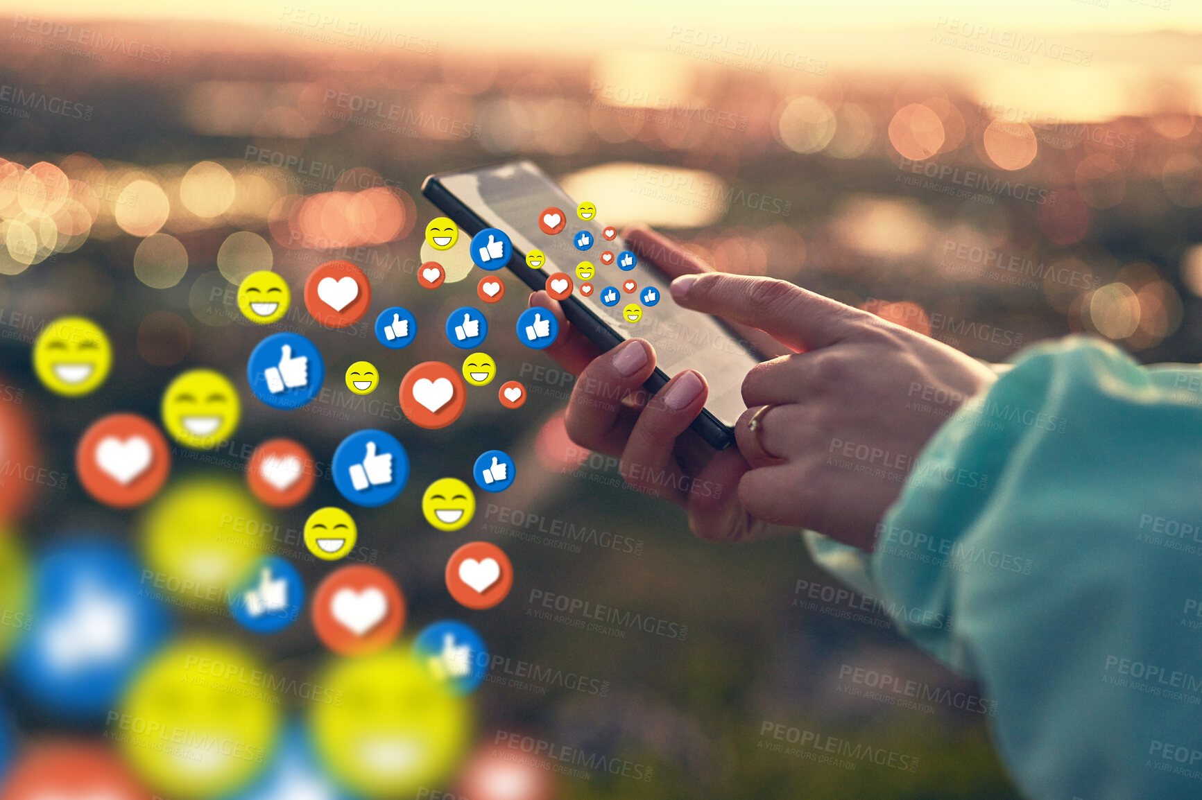 Buy stock photo Hands, social media icon or girl with phone for communication, text chat or online dating. City sunset, emoticons overlay or woman on mobile app or digital network with love, like or heart emoji 