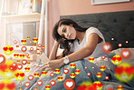 Home, social media icons or woman taking a selfie for content or online dating post in bedroom. Love emojis, morning or relaxed girl on mobile app website or digital network with heart emoticons 