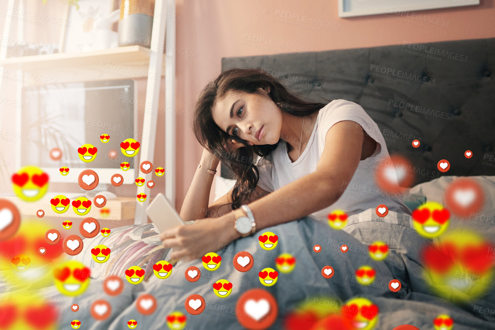 Buy stock photo Home, social media icons or woman taking a selfie for content or online dating post in bedroom. Love emojis, morning or relaxed girl on mobile app website or digital network with heart emoticons 