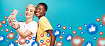 Diversity, social media icons or friends take a selfie for content or online post on blue background. Love emojis, women or happy girls take pictures together on mobile app website or digital network