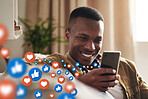 Happy, social media icons or black man with phone for content or online dating post relaxing on sofa. Love, emojis or African person on mobile app website or digital network with heart emoticons 
