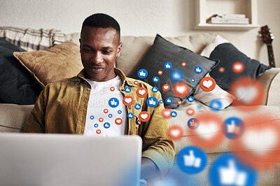 Buy stock photo Laptop, love icon or black man on social media for communication, text conversation or online dating. Like, graphic overlay or relaxed happy person on website or digital network app with heart emoji