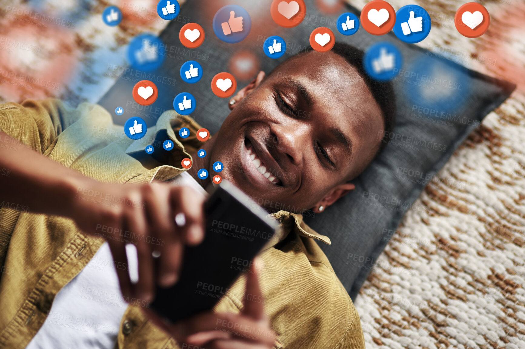 Buy stock photo Social media, love icon or black man with a phone for texting communication or online dating chat. Like, graphic overlay or relaxed person on mobile app website or digital network with heart emojis
