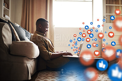 Buy stock photo Home, social media icon or black man on laptop for communication, text conversation or online dating. Like, graphic overlay or relaxed happy person on website or digital network app with heart emoji