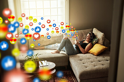 Buy stock photo Sofa, social media icon or woman with a phone for communication, social media text for online dating. Like overlay, relax or happy girl on mobile app, chat website or digital network with heart emoji