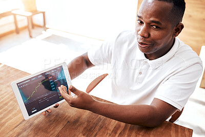 Buy stock photo Black man, trader and tablet on stock market in trading, coaching or financial graph, chart or investing data. Businessman, trader or broker showing finance investment, crypto or profit on technology