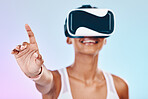 VR, hand interaction and woman isolated on gradient background metaverse, futuristic or 3d user experience. Virtual reality, high tech and happy person press for digital world or software in studio