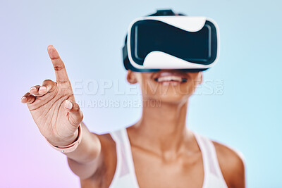 Buy stock photo VR, hand interaction and woman isolated on gradient background metaverse, futuristic or 3d user experience. Virtual reality, high tech and happy person press for digital world or software in studio