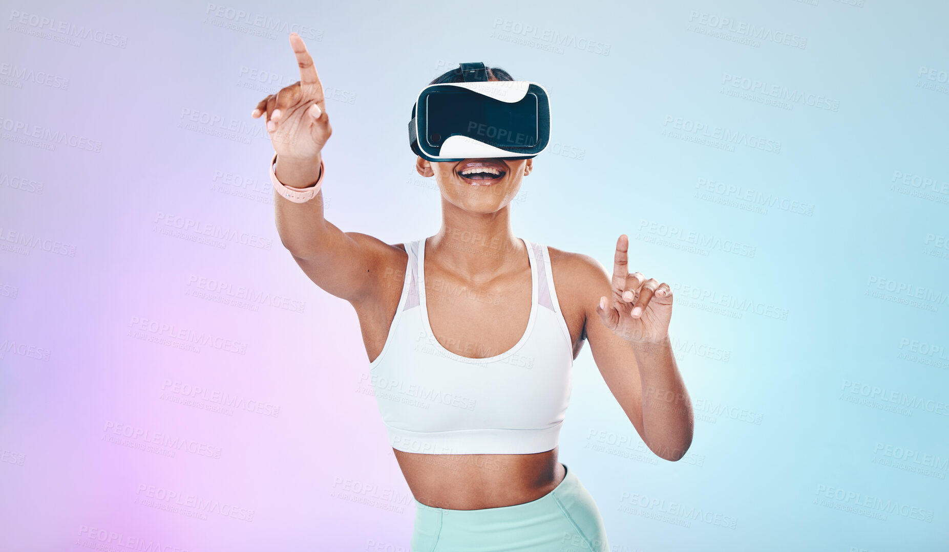 Buy stock photo VR, glasses and fitness woman isolated on studio, gradient background metaverse, futuristic or 3d user experience. Virtual reality, high tech and happy person press online, digital world or esports