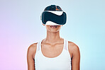Virtual reality, glasses and woman vision isolated on studio, gradient background for metaverse, high tech or cyber gaming. VR, digital world and young person in 3d user experience or online software