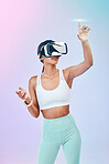 VR, glasses, fitness and woman touch hologram isolated on gradient background for metaverse or 3d user experience. Virtual reality, holographic and person vision and press in digital world and studio