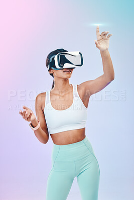 Buy stock photo VR, glasses, fitness and woman touch hologram isolated on gradient background for metaverse or 3d user experience. Virtual reality, holographic and exercise or workout person press in digital studio