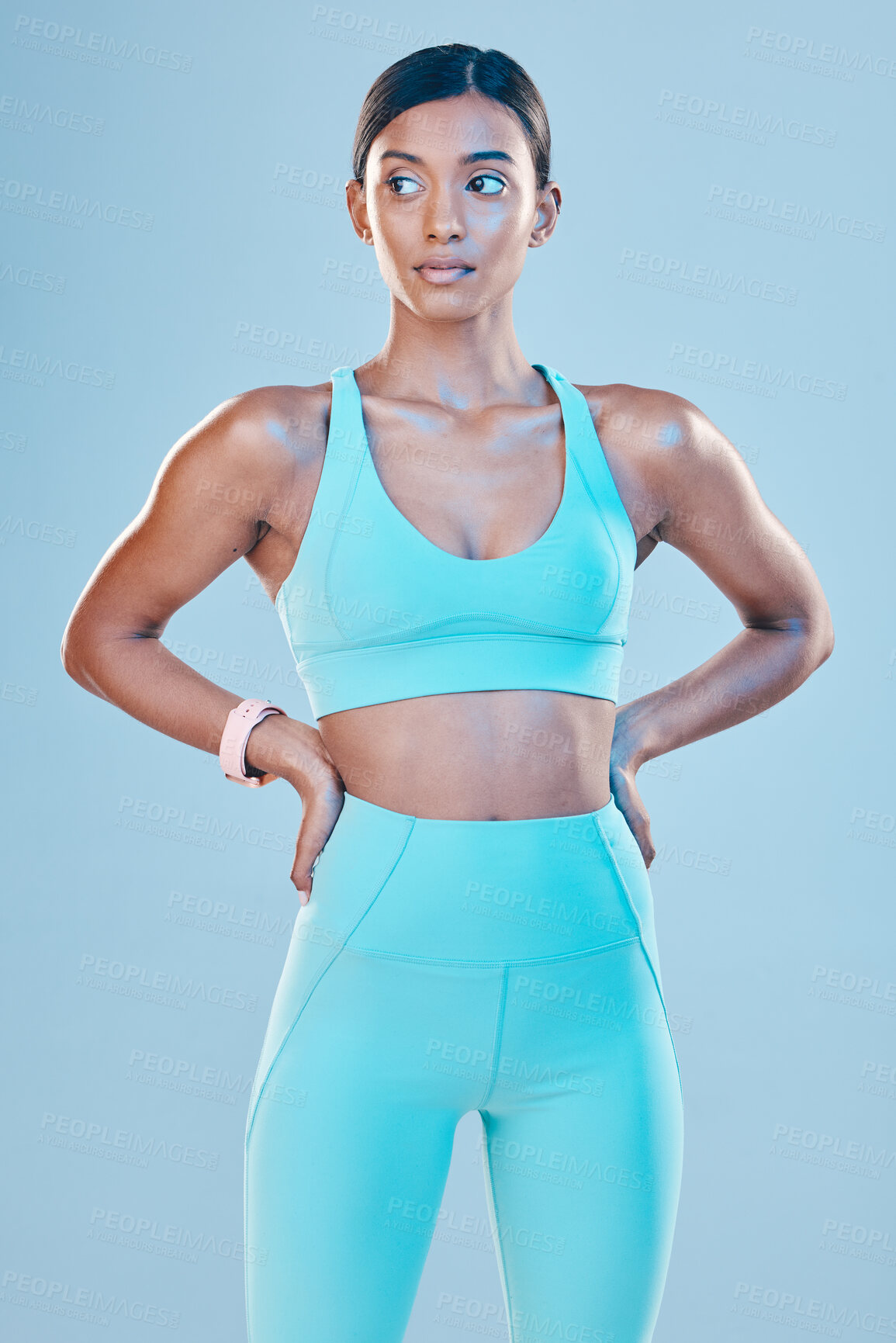Buy stock photo Thinking, body and a woman for fitness in gymwear isolated on a studio background for exercise. Idea, sports and an Indian girl standing in workout clothing for training or a cardio idea for health