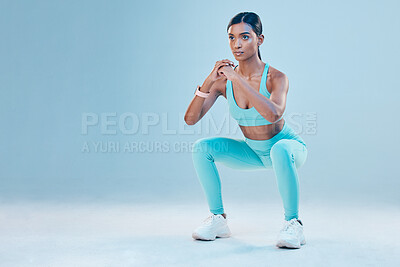 Buy stock photo Fitness, focus and mockup with a sports woman in studio on a gray background for health or wellness. Exercise, mindset and space with a young female athlete training for a healthy body or lifestyle