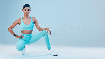 Buy stock photo Fitness, focus and space with a sports woman in studio on a gray background for health or wellness. Exercise, mindset and mockup with a young female athlete training for a healthy body or lifestyle