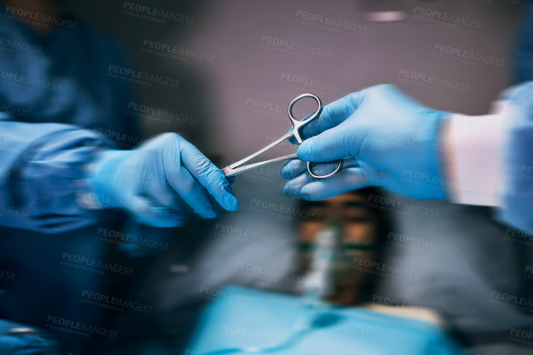 Buy stock photo Hospital scissors, surgery and doctors hands in theatre for medical support, teamwork or patient with healthcare zoom. Doctor, nurse or surgeon team work, giving tools and helping in operating room