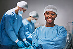 Surgery, portrait and black woman doctor in theater for hospital teamwork, leadership and medical internship. Happy surgeon, nurse or healthcare person arms crossed in operating room or theatre