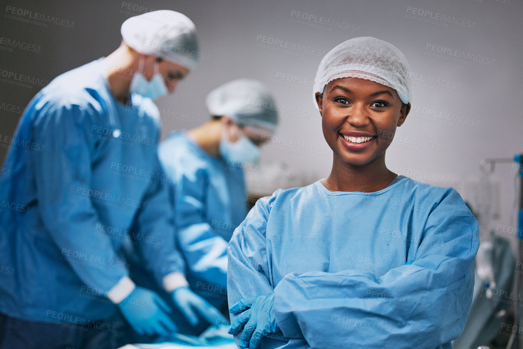 Buy stock photo Surgery, portrait and black woman doctor in theater for hospital teamwork, leadership and medical internship. Happy surgeon, nurse or healthcare person arms crossed in operating room or theatre