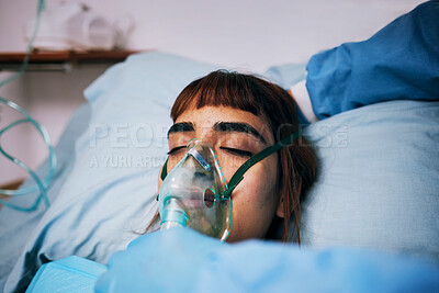 Buy stock photo Healthcare, anesthesia and woman with an oxygen mask, recovery and operation in hospital bed. Female, lady and patients with breathing equipment, coma and cardiology with emergency and ventilation