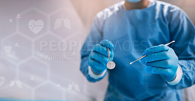 Buy stock photo Hands, tools and hospital overlay with doctor for surgery, emergency procedure or medical support. Surgeon, healthcare and 3d holographic with tweezers for help, surgical operation or work in clinic