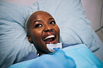Happy, patient and black woman in a bed, healthcare and success with surgery, cure and treatment. Female, lady and person with a smile, recovery and diagnosis for illness, disease and joy in hospital