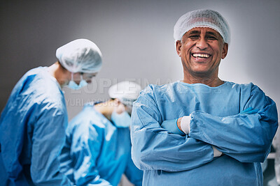 Buy stock photo Theatre, portrait and man doctor with arms crossed for hospital teamwork, leadership and medical surgery. Happy surgeon or healthcare person in operating room or theater for emergency and solution