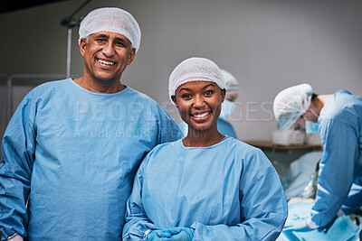 Buy stock photo Theatre, portrait and happy doctors in hospital teamwork, leadership and medical surgery with internship opportunity. Face of expert surgeon, healthcare woman or people in operating room or theater