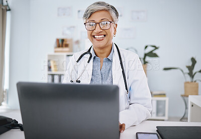 Buy stock photo Woman doctor, laptop and happy in hospital office while working online for consultation or research. Medical professional female with internet for advice, healthcare and innovation or management