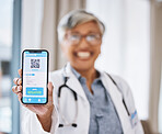 Phone, screen and woman doctor with QR code, test results and drugs, virus or medical mobile app for health services. Website ux, online info and negative feedback with happy healthcare professional