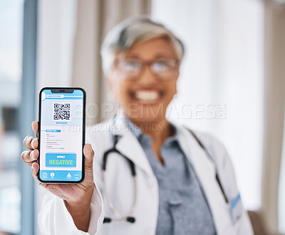 Buy stock photo Phone, screen and woman doctor with QR code, test results and drugs, virus or medical mobile app for health services. Website ux, online info and negative feedback with happy healthcare professional