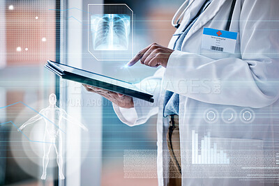 Buy stock photo Doctor, woman with tablet in hands and hologram with medical data, anatomy and lung x ray with overlay. Technology research in healthcare, futuristic and analytics with person and wireless tech