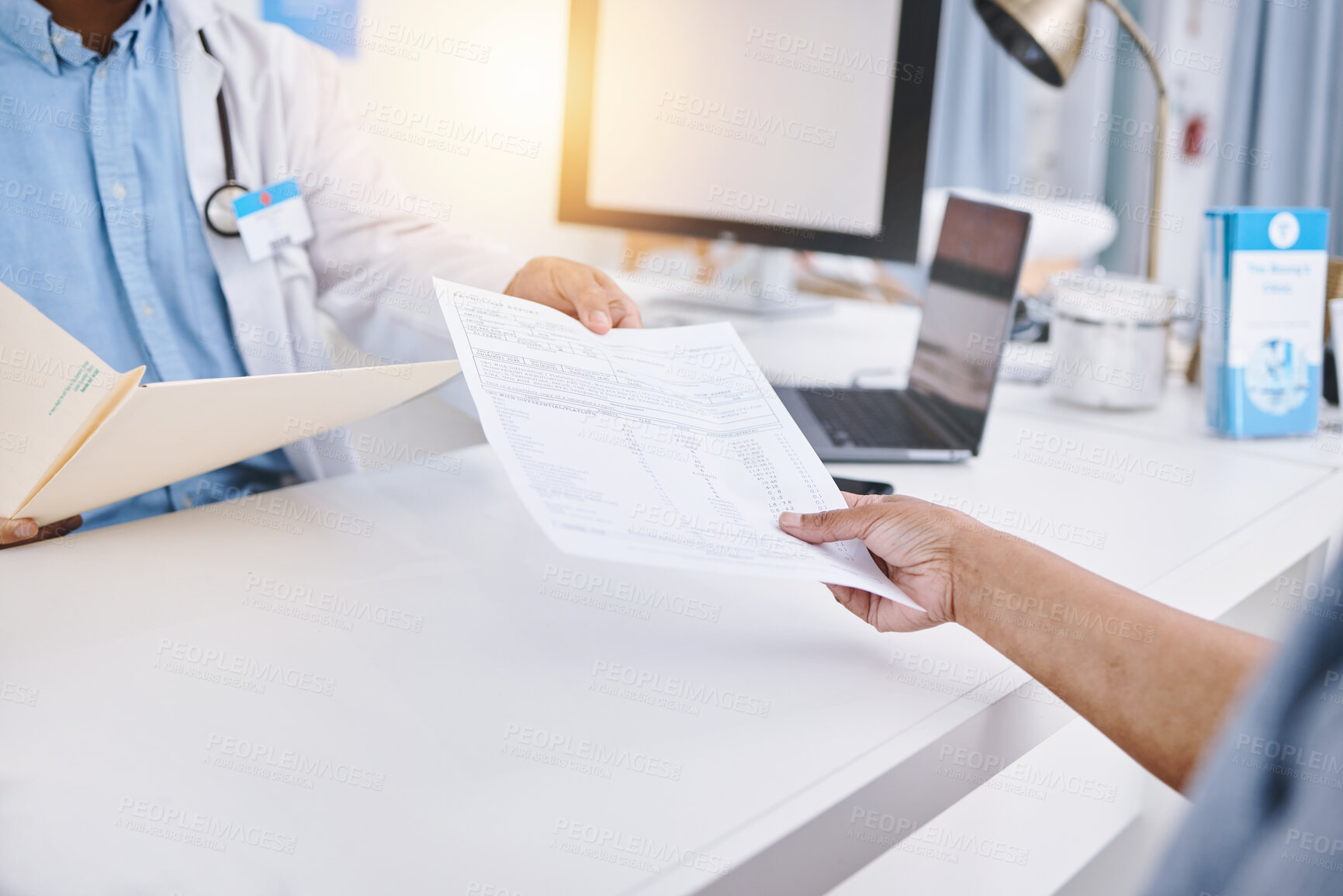 Buy stock photo Document, folder and doctor hands with patient giving information for medical history and health insurance. Professional people or medical worker with paperwork, consultation sign up or registration