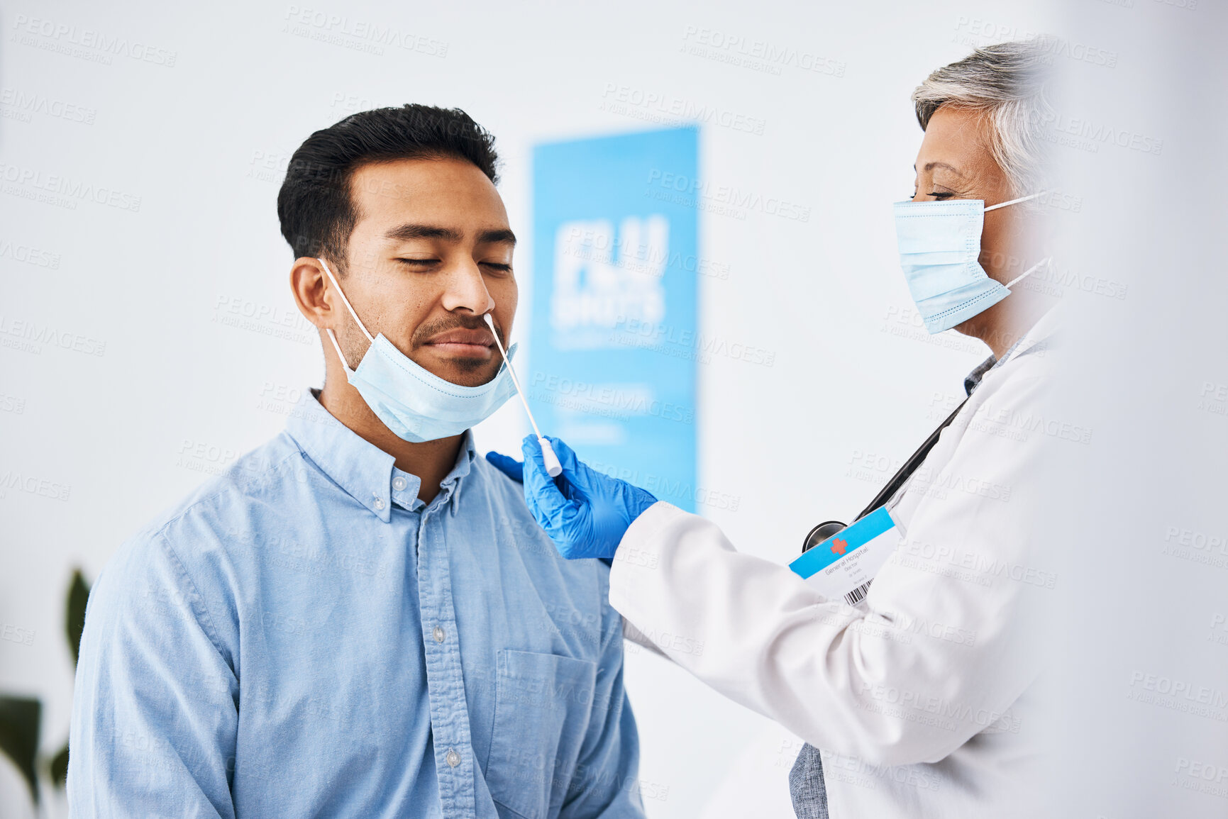Buy stock photo Doctor, patient and covid test, healthcare and virus with medical consultation at hospital and health insurance. Cotton swab in nose, mask and PCR at clinic, man and woman physician check for corona