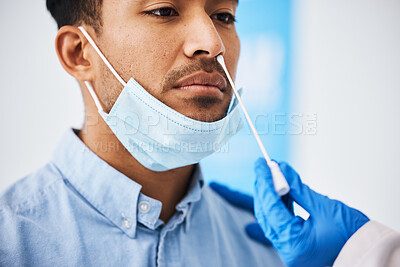 Buy stock photo Doctor, patient and covid nose test, healthcare and virus with medical consultation at hospital and health insurance. Cotton swab for face with PCR at clinic, Asian man and physician check for corona