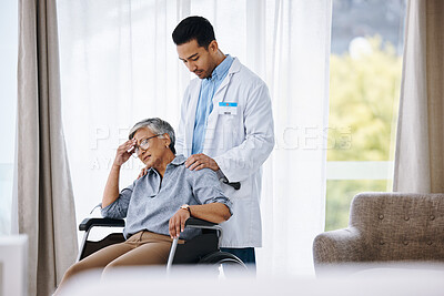 Buy stock photo Stress, woman in a wheelchair and doctor talking to patient, recovery and depression. Female person with injury, male employee and medical professional support lady, disability and comfort in office