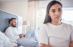 Affair, stress and couple on bed, angry and fighting with silent treatment, affair and disagreement. Woman, man and people with marital problems in bedroom, ignore and sad with anxiety and cheating