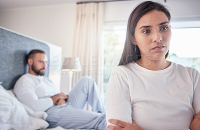 Buy stock photo Affair, stress and couple on bed, angry and fighting with silent treatment, affair and disagreement. Woman, man and people with marital problems in bedroom, ignore and sad with anxiety at home