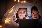 Portrait, evening and kids in bedroom, tablet and streaming movies with happiness, bonding and quality time. Face, children and siblings online games, blanket and cover with smile, technology and joy