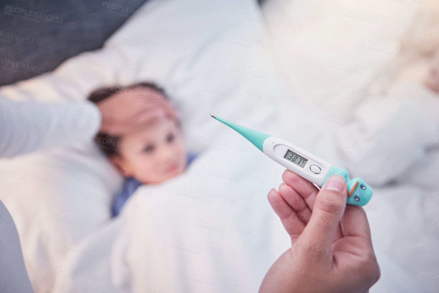Buy stock photo Parent, hands and thermometer with sick child, flu or fever lying on bed under monitoring care at home. Hand of adult checking temperature of kid for illness, healthcare or virus in love and support