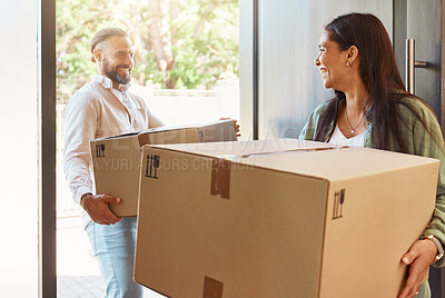 Buy stock photo Happy couple, boxes and moving in new home, property or real estate with cardboard box indoors. Man, woman and smile in happiness for mortgage loan, investment or purchase carrying packages inside