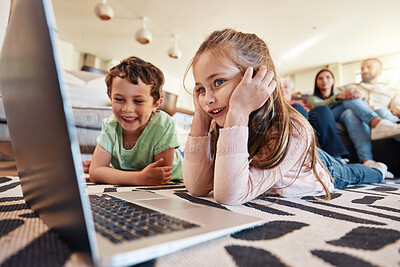 Buy stock photo Laptop, floor or children with parents relaxing on sofa for online education, cartoon video subscription or watch movies. Happy kids on carpet, computer or streaming film together with family at home