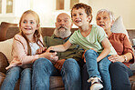 Grandparents, tv and children in a home living room streaming a web series together. Senior people, kids and television remote watching a video on a house lounge couch with a child film and movie