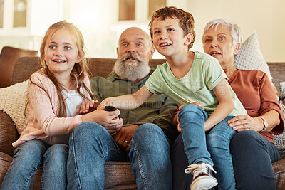 Buy stock photo Grandparents, tv and children in a home living room streaming a web series together. Senior people, kids and television remote watching a video on a house lounge couch with a child film and movie