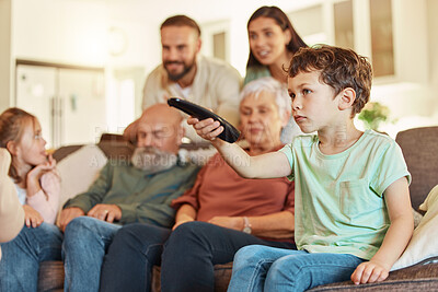 Buy stock photo Grandparents, family tv and children in a home living room streaming a web series together. Senior people, kids and television remote watching a video on a lounge couch with a child film and movie