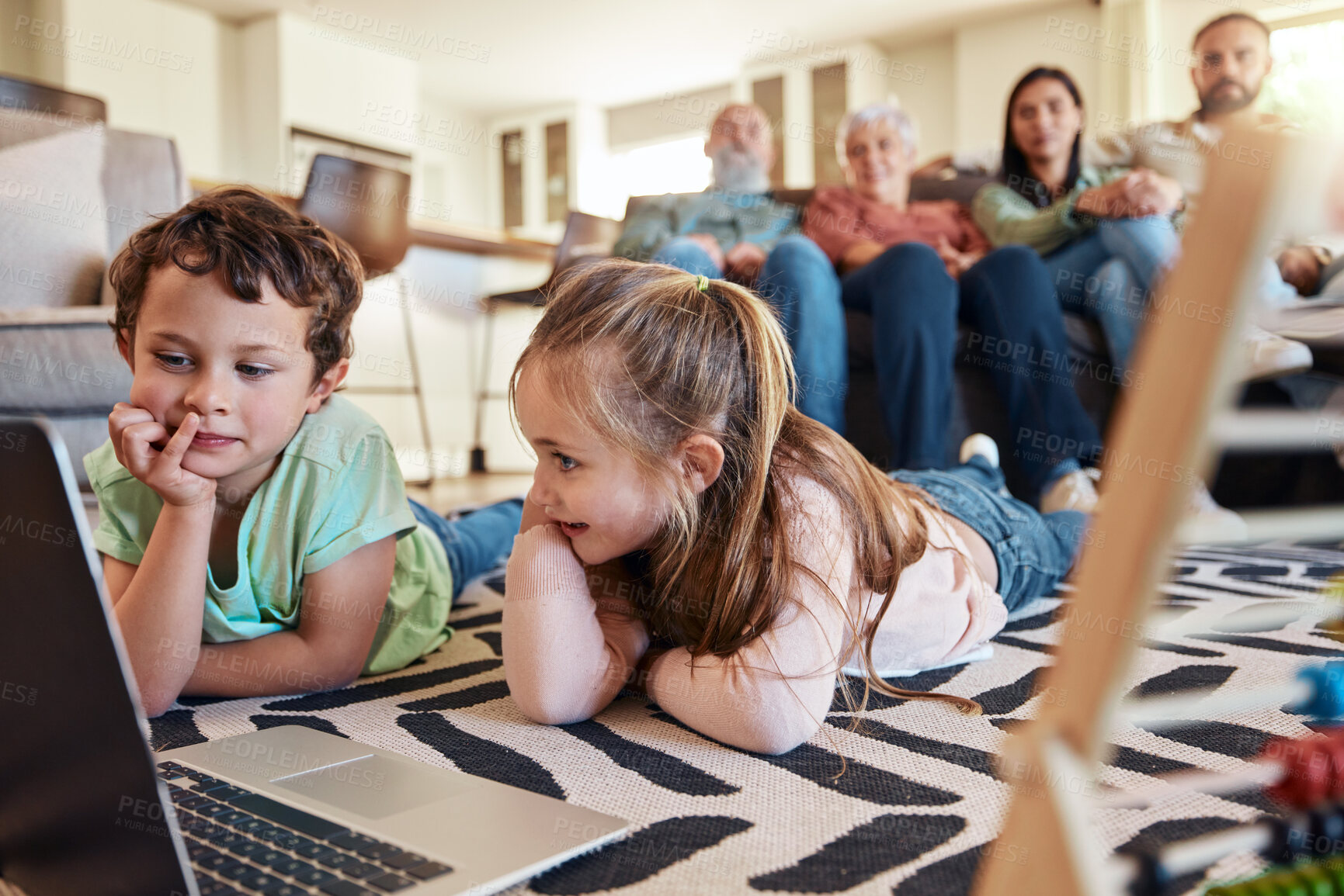 Buy stock photo Laptop, floor and children with family relaxing on sofa for online education, home development and watch movies together. Happy kids on carpet with computer and grandparents on couch for holiday film