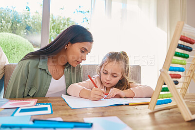 Buy stock photo Writing, helping and mother with girl for home school education, language support and creative learning. Math, numbers and family, biracial mom or woman teaching child, drawing and notebook for focus