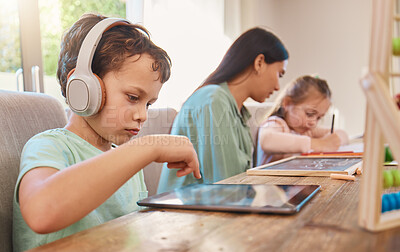 Buy stock photo Elearning, home school and child with tablet, headphones and online class with video lesson or educational mobile app. Future education, internet and digital classroom for kindergarten kids with mom.